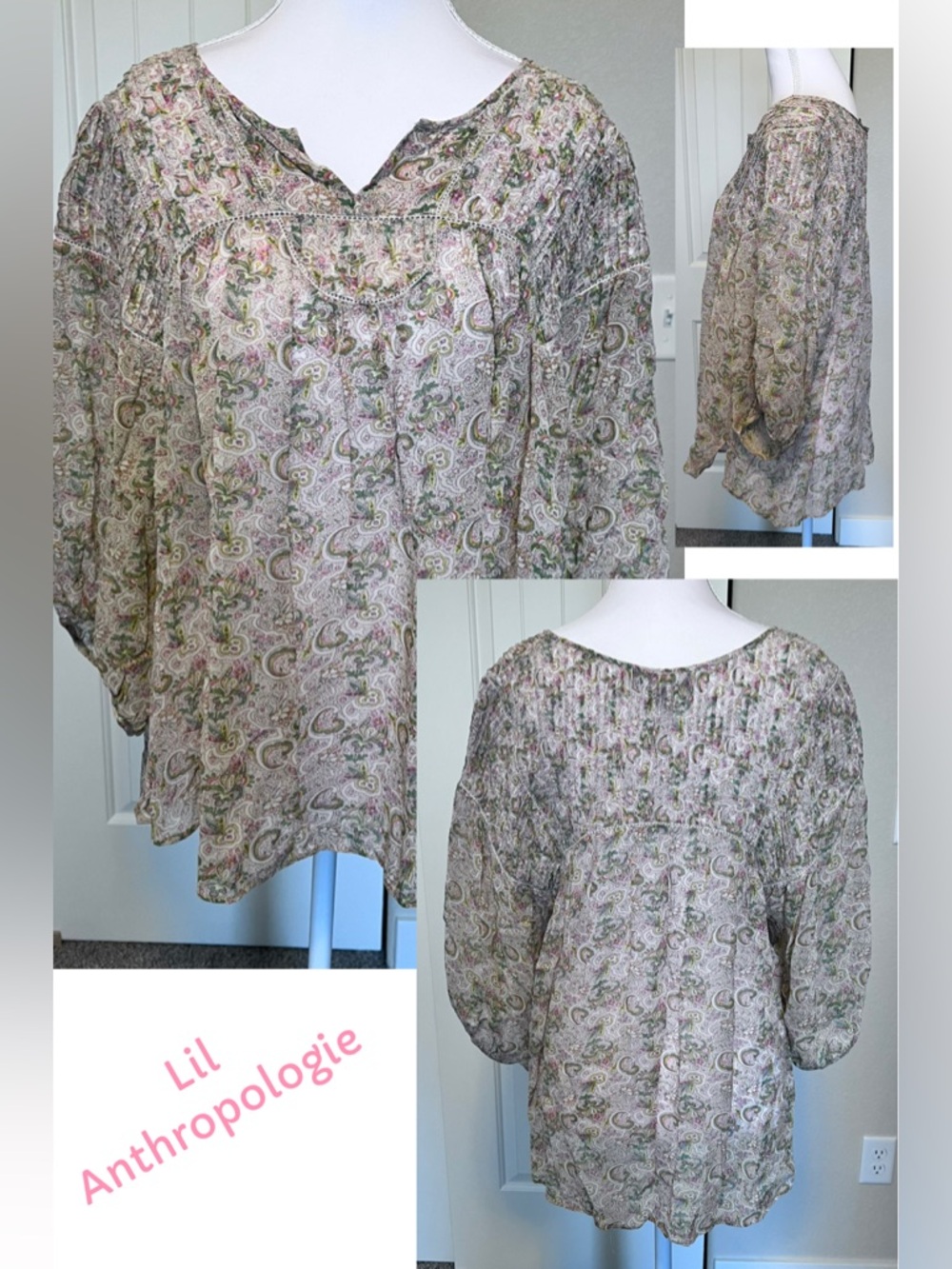 Anthropologie Lil Peasant Boho Pleated Balloon Sleeve Crochet Lace Detail Large